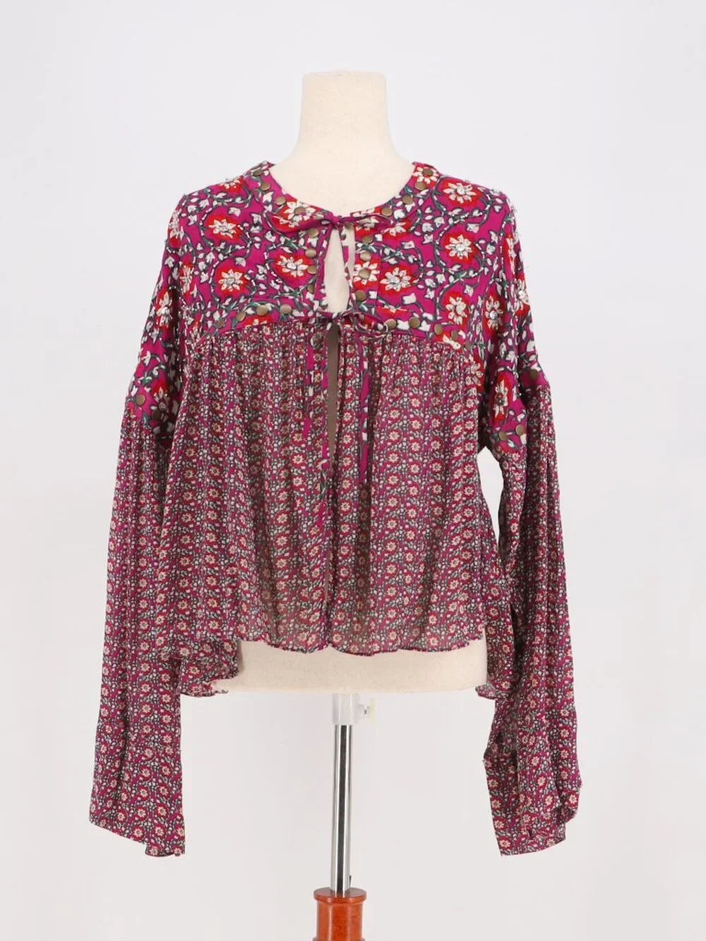 FREE PEOPLE Malia Babydoll Jacket Beaded Floral Tie Front Size S